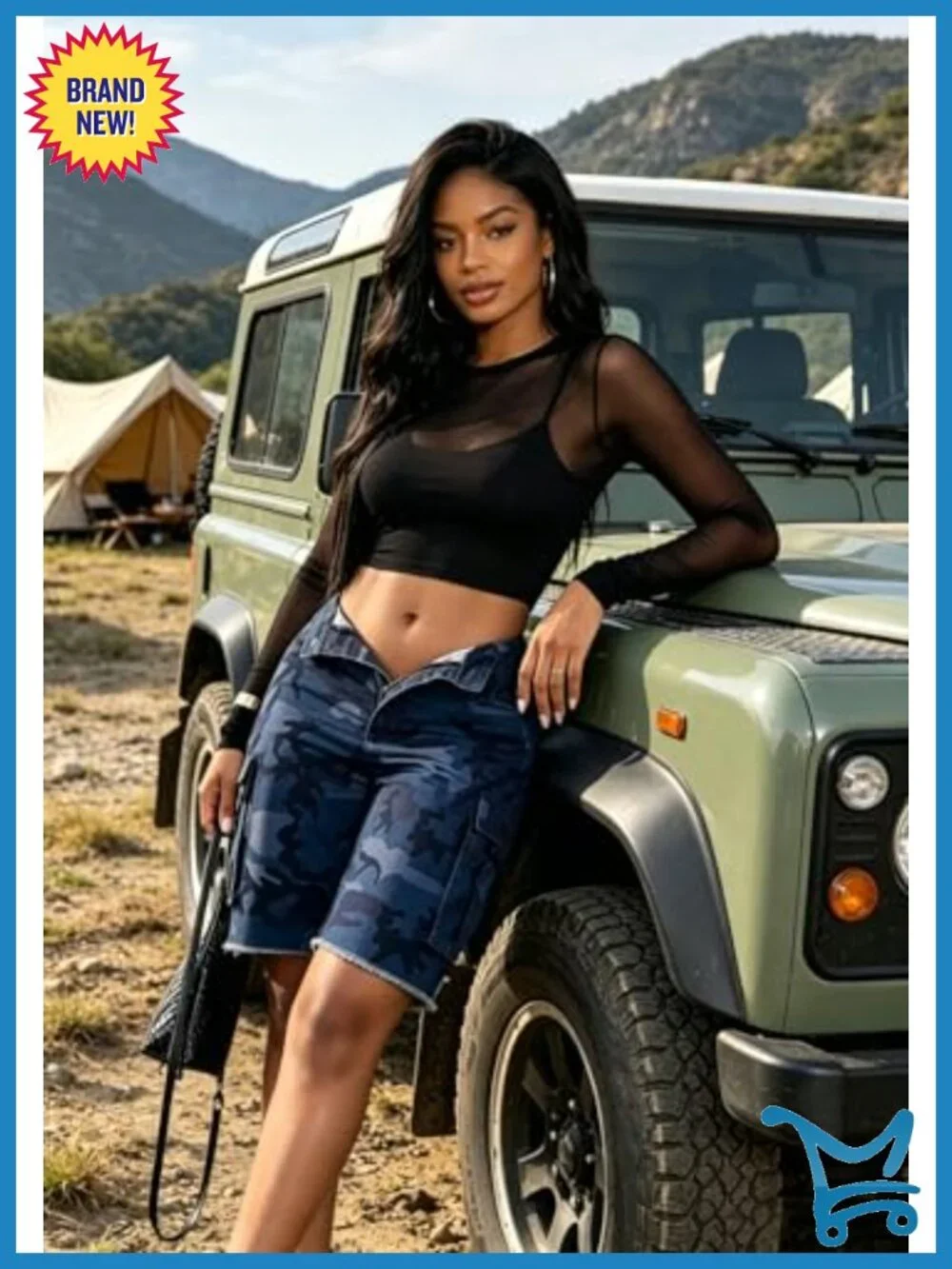 High Waisted Camo Cargo Bermuda Shorts - Wide Leg Stretchy Denim Jorts